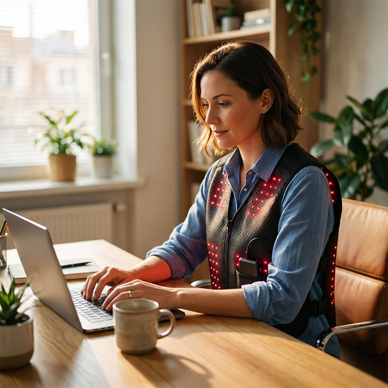 Woman using a wearable red light therapy vest for back pain relief while working on a laptop.